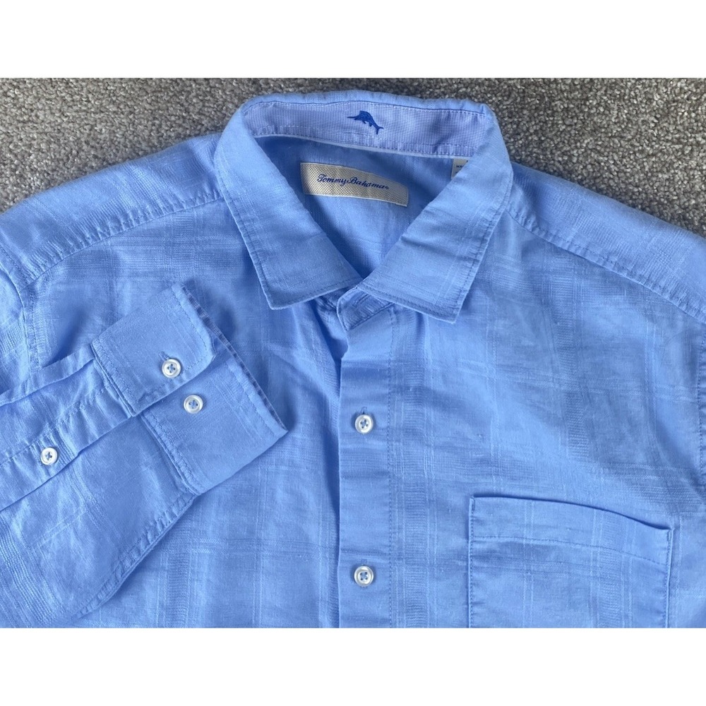 Tommy Bahama Linen/Sorona Polyester Solid Blue Light Shirt Mens L Beach Preppy